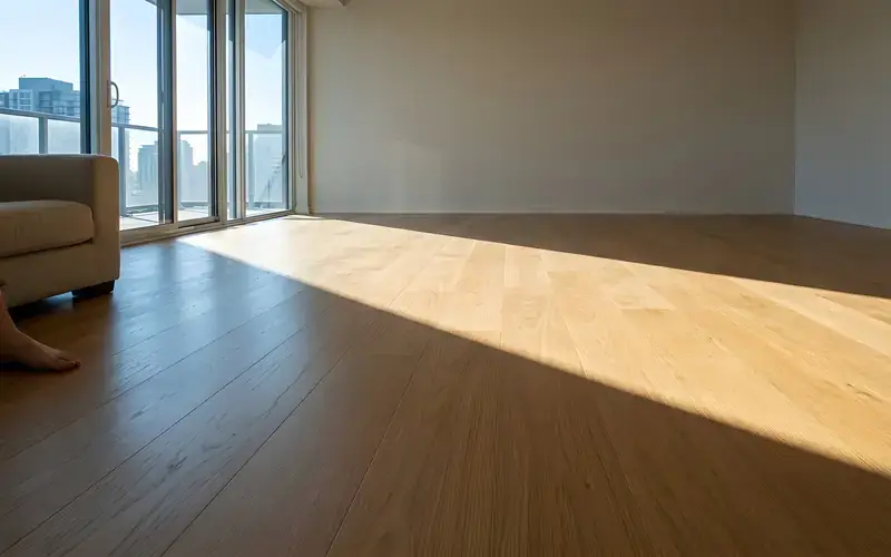Natural oak plank floor in an empty sunlit living room with sliding doors to a glass balcony