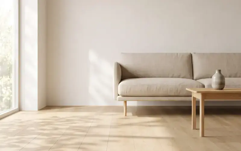 Light oak plank flooring in a sunlit living room with a linen sofa and a pale wood coffee table