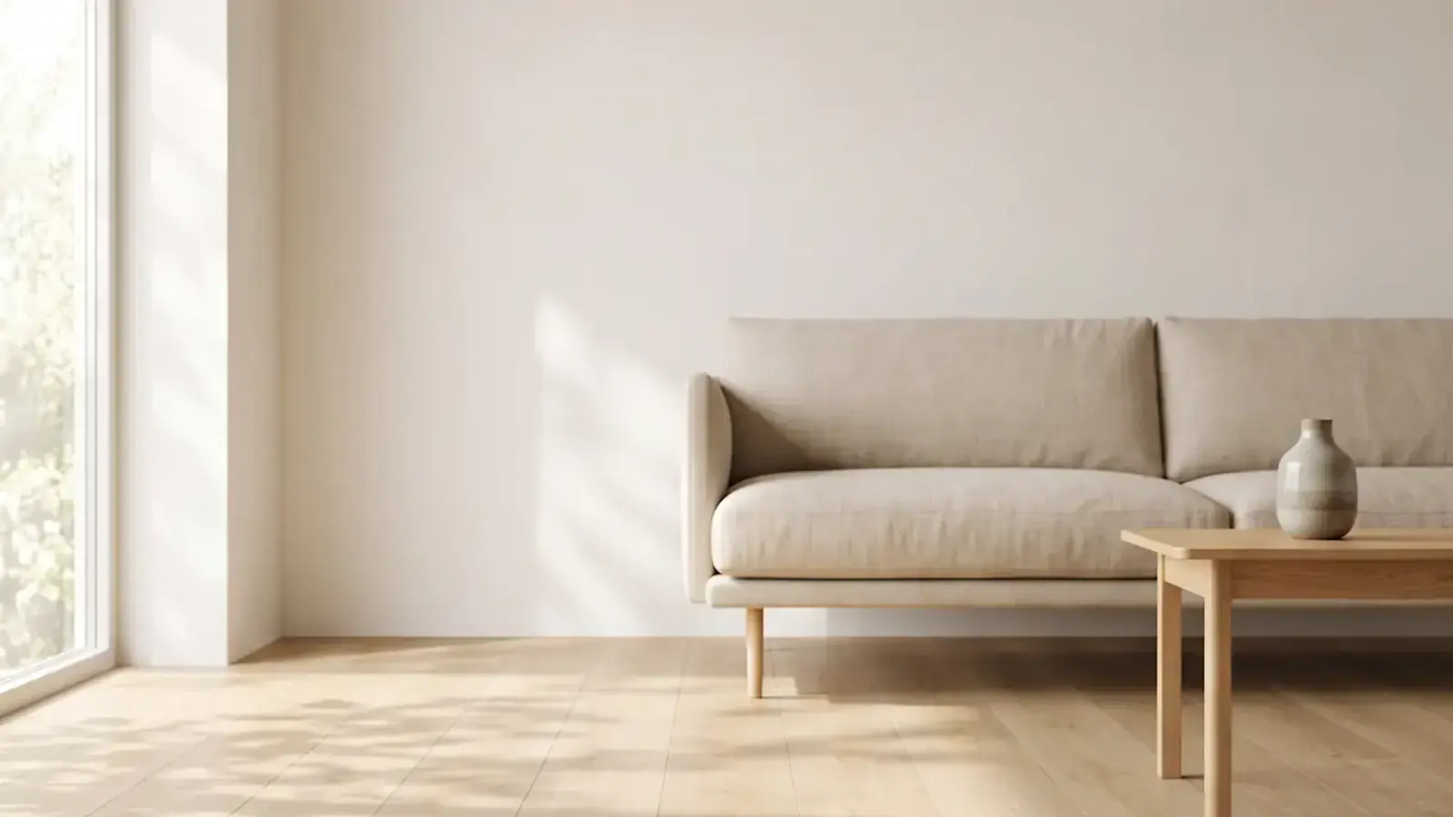 Light oak plank flooring in a sunlit living room with a linen sofa and a pale wood coffee table