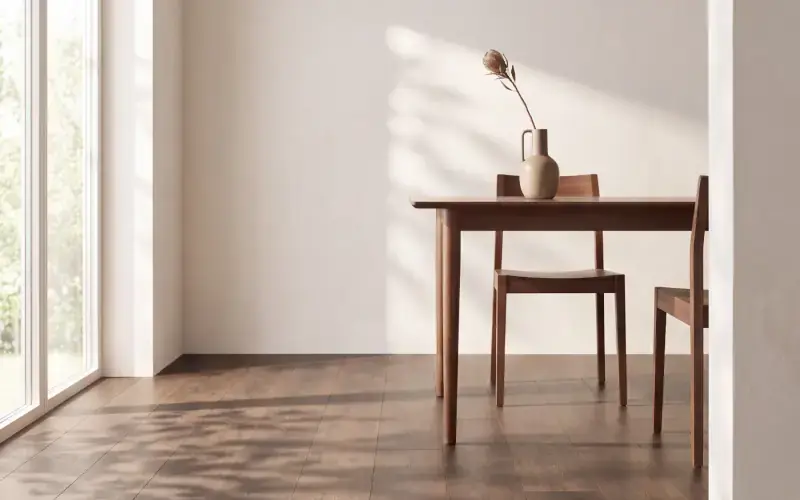Dark brown wood plank floor under a walnut dining table and chairs beside a tall window
