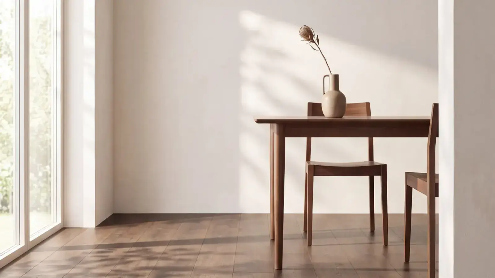 Dark brown wood plank floor under a walnut dining table and chairs beside a tall window