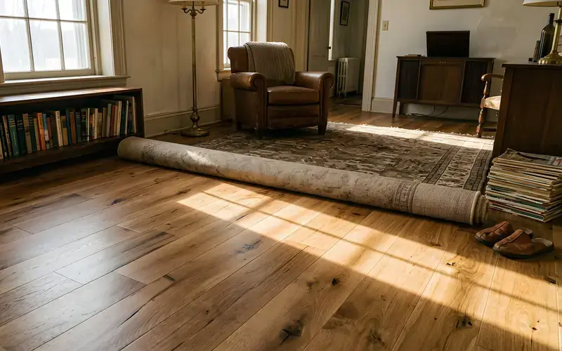 Sunlit older living room with knotty oak plank flooring, a rolled rug, leather armchair and a radiator by the door