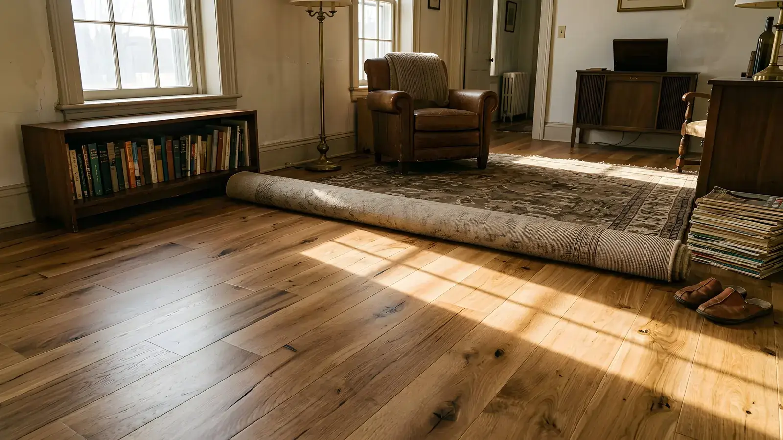 Sunlit older living room with knotty oak plank flooring, a rolled rug, leather armchair and a radiator by the door