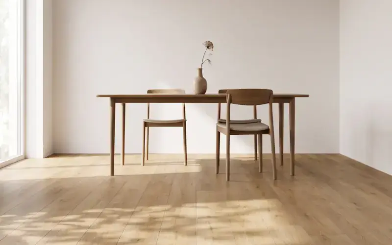 Natural oak plank floor under a wooden dining table and two chairs beside a tall window