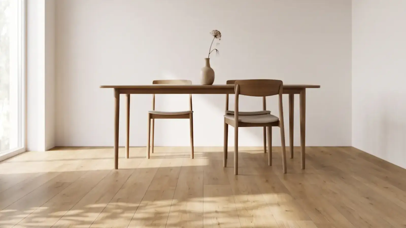 Natural oak plank floor under a wooden dining table and two chairs beside a tall window