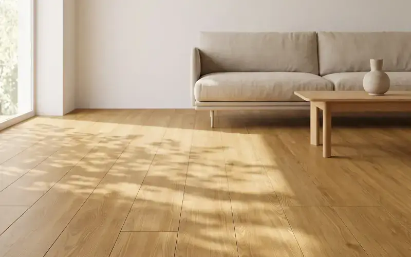 Warm oak plank flooring in a sunlit living room with a beige linen sofa and a low wood coffee table