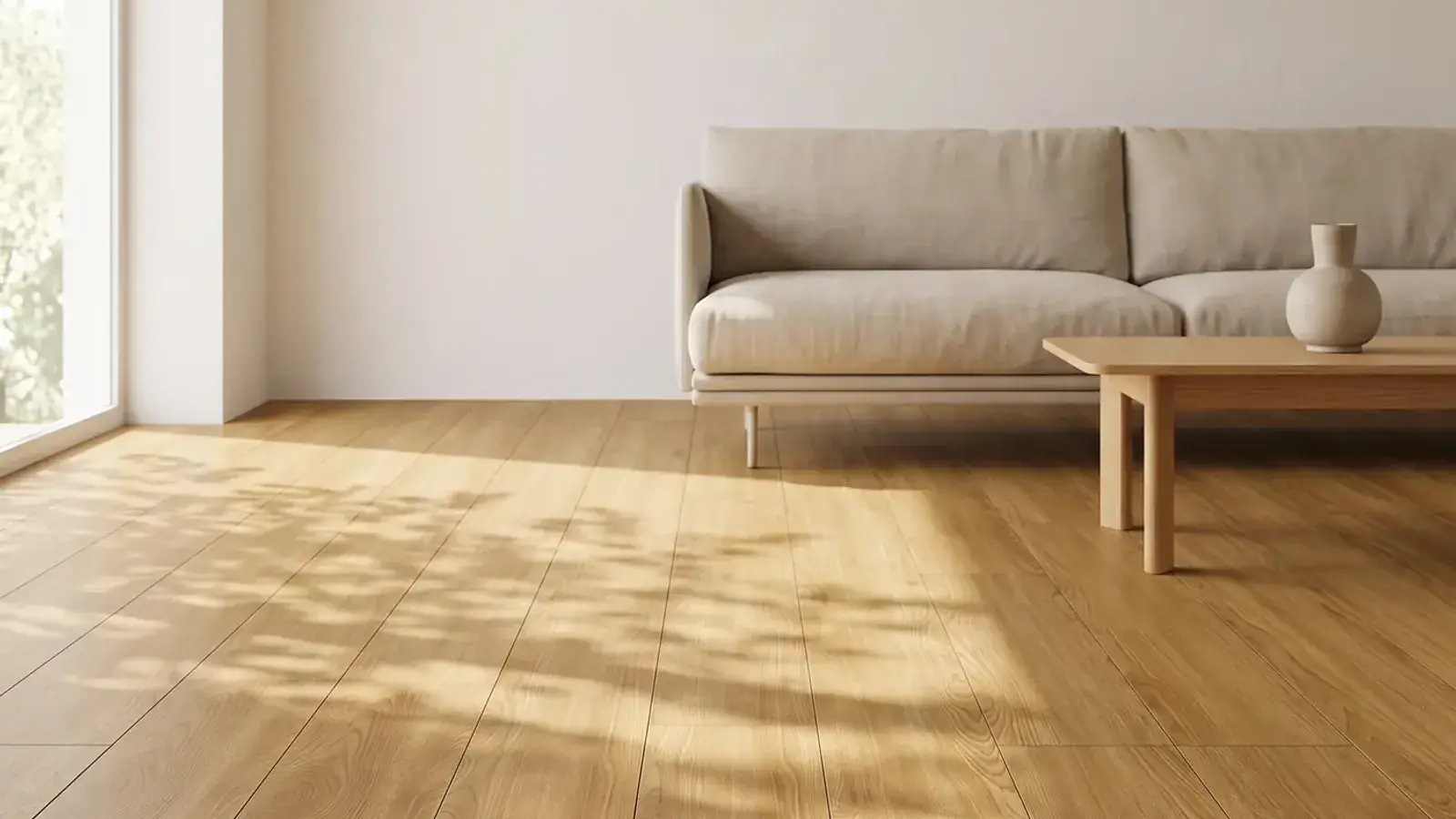 Warm oak plank flooring in a sunlit living room with a beige linen sofa and a low wood coffee table