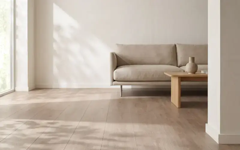 Light oak plank flooring in a bright living room with a linen sofa and a wooden coffee table by a window