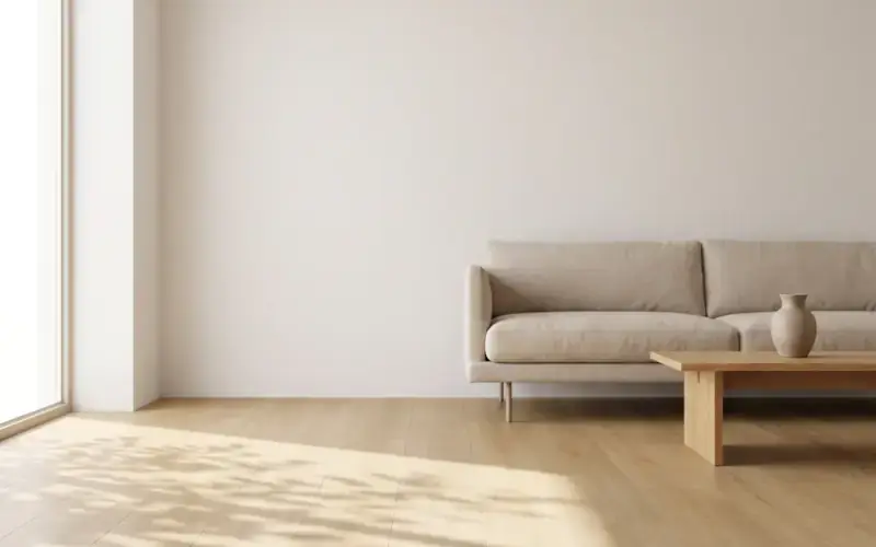 Light oak plank flooring in a sunlit living room with a linen sofa and a low wooden coffee table