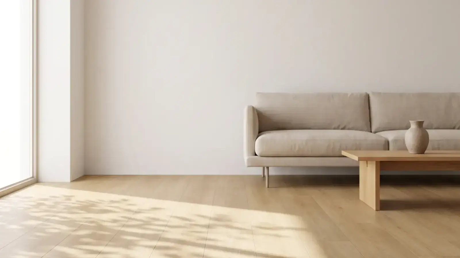 Light oak plank flooring in a sunlit living room with a linen sofa and a low wooden coffee table