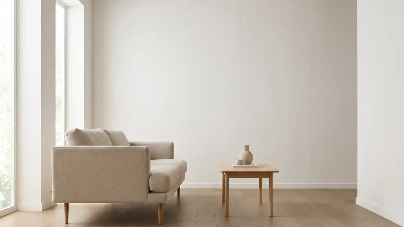 Natural oak plank flooring in a bright, minimal living room with a linen sofa and a low wood table