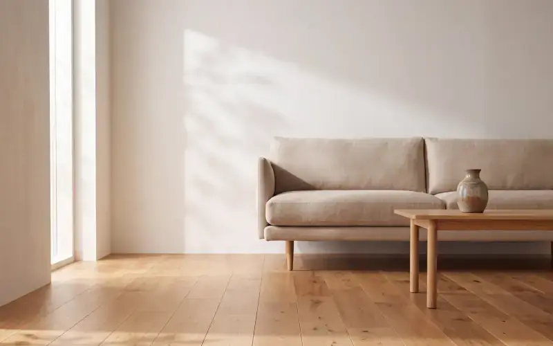 Light hickory plank flooring in a calm living room with a linen sofa and a wood coffee table