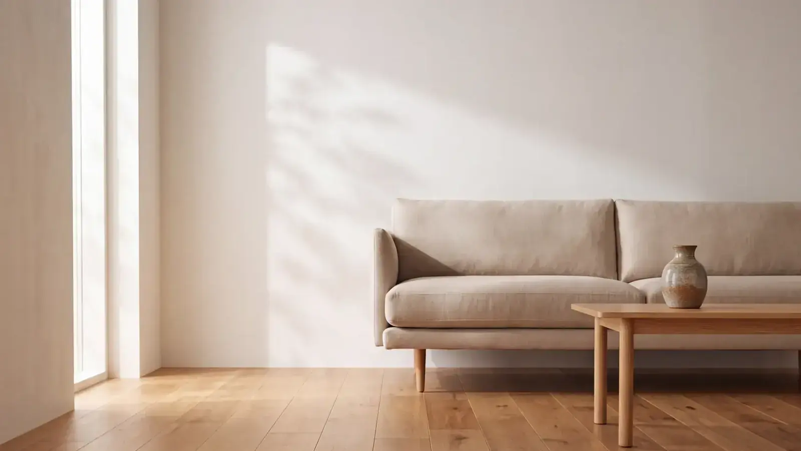 Light hickory plank flooring in a calm living room with a linen sofa and a wood coffee table
