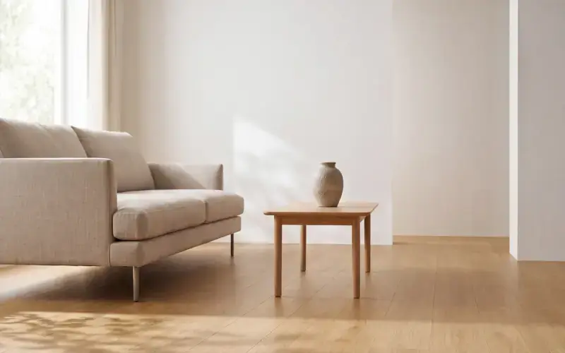 Natural oak plank flooring in a bright room with a linen sofa and a small wood side table