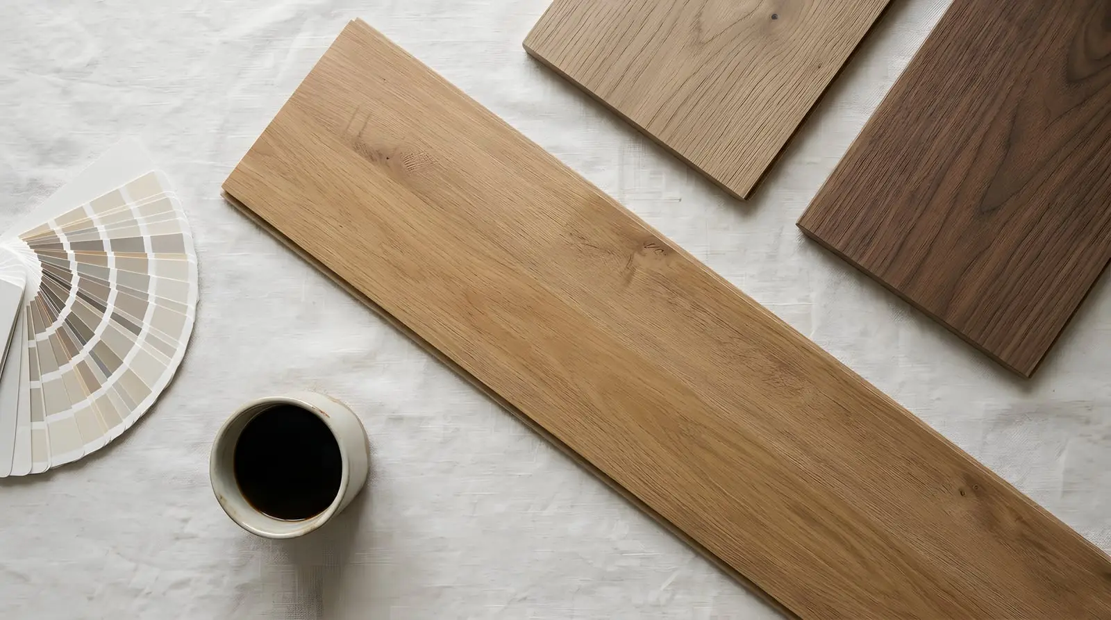 Natural, light and dark oak flooring planks laid on linen beside a paint fan deck and a cup of coffee