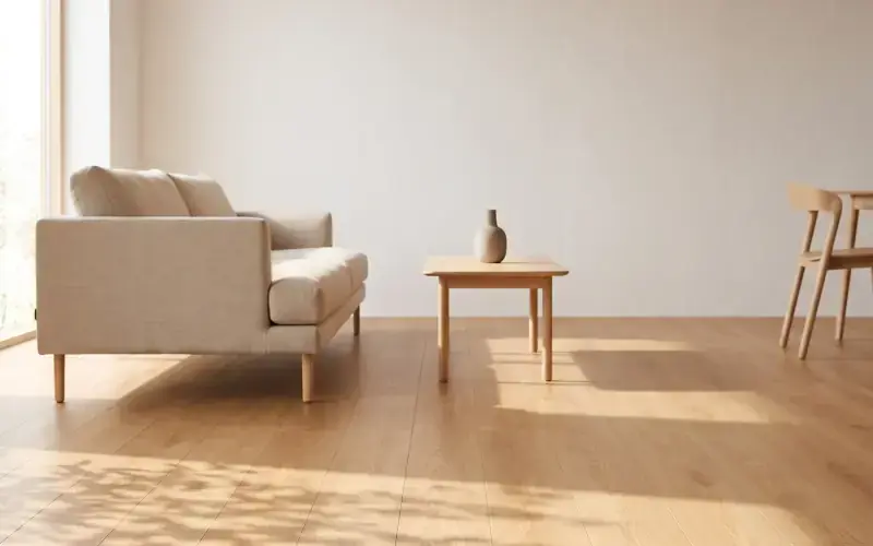 Warm oak plank flooring in a bright living room with a linen sofa and a low wood coffee table