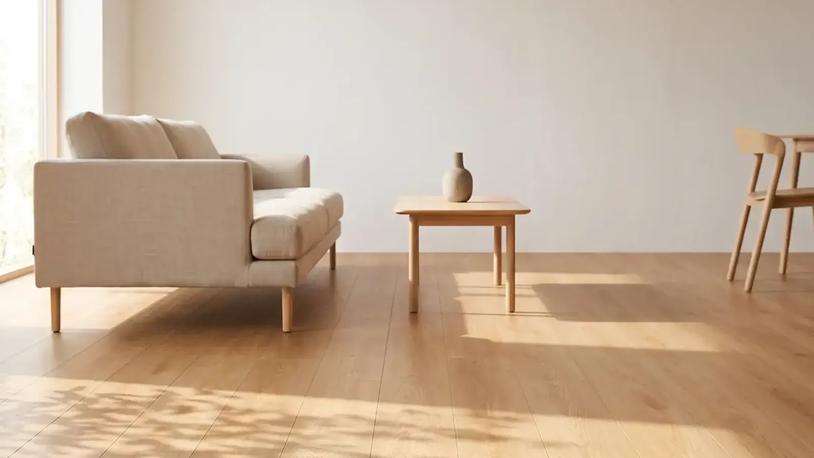 Warm oak plank flooring in a bright living room with a linen sofa and a low wood coffee table