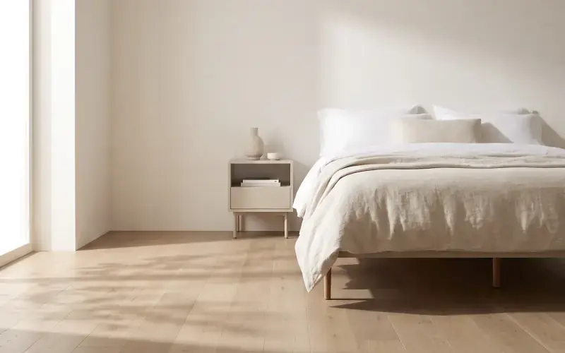 Light oak plank flooring in a bright bedroom with linen bedding and a pale nightstand by a window
