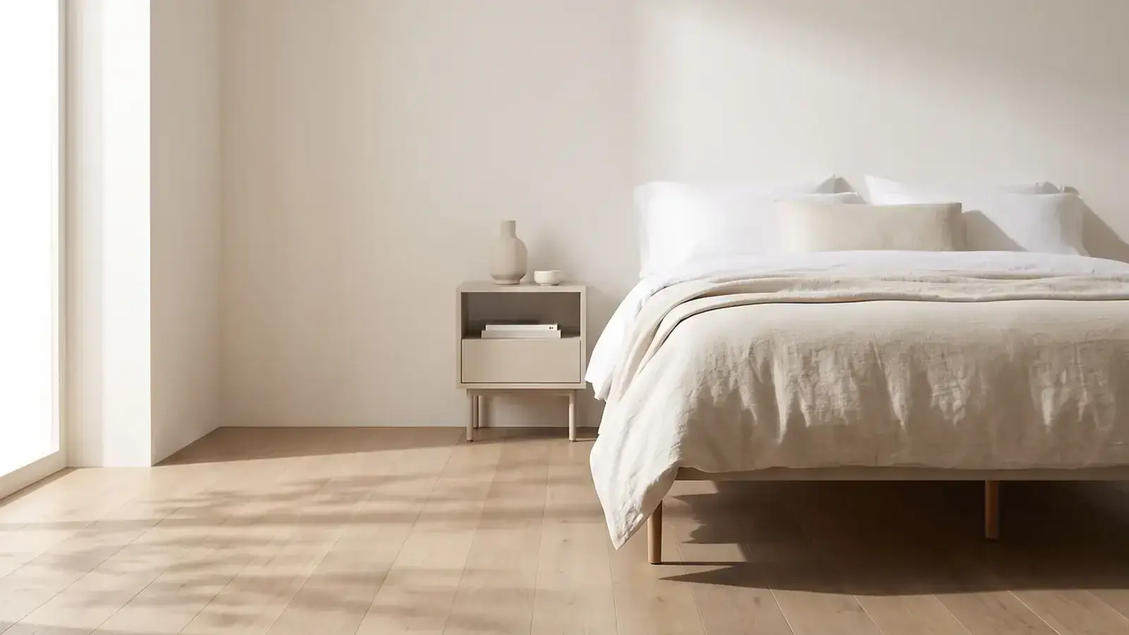 Light oak plank flooring in a bright bedroom with linen bedding and a pale nightstand by a window