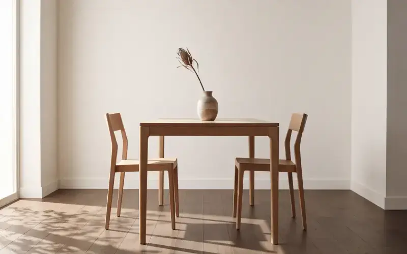 Dark wood-look plank flooring in a bright dining corner with a small oak table and two chairs