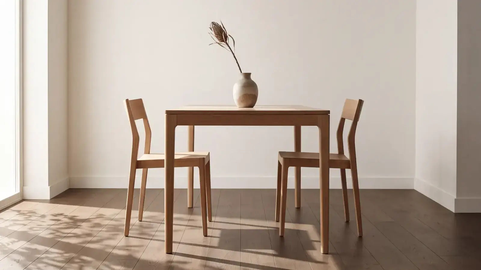 Dark wood-look plank flooring in a bright dining corner with a small oak table and two chairs