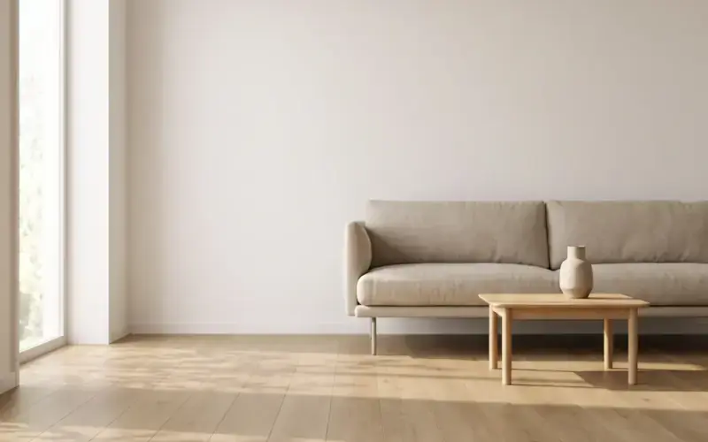 Light oak plank floor in a bright living room with a linen sofa, low wood table and a tall window