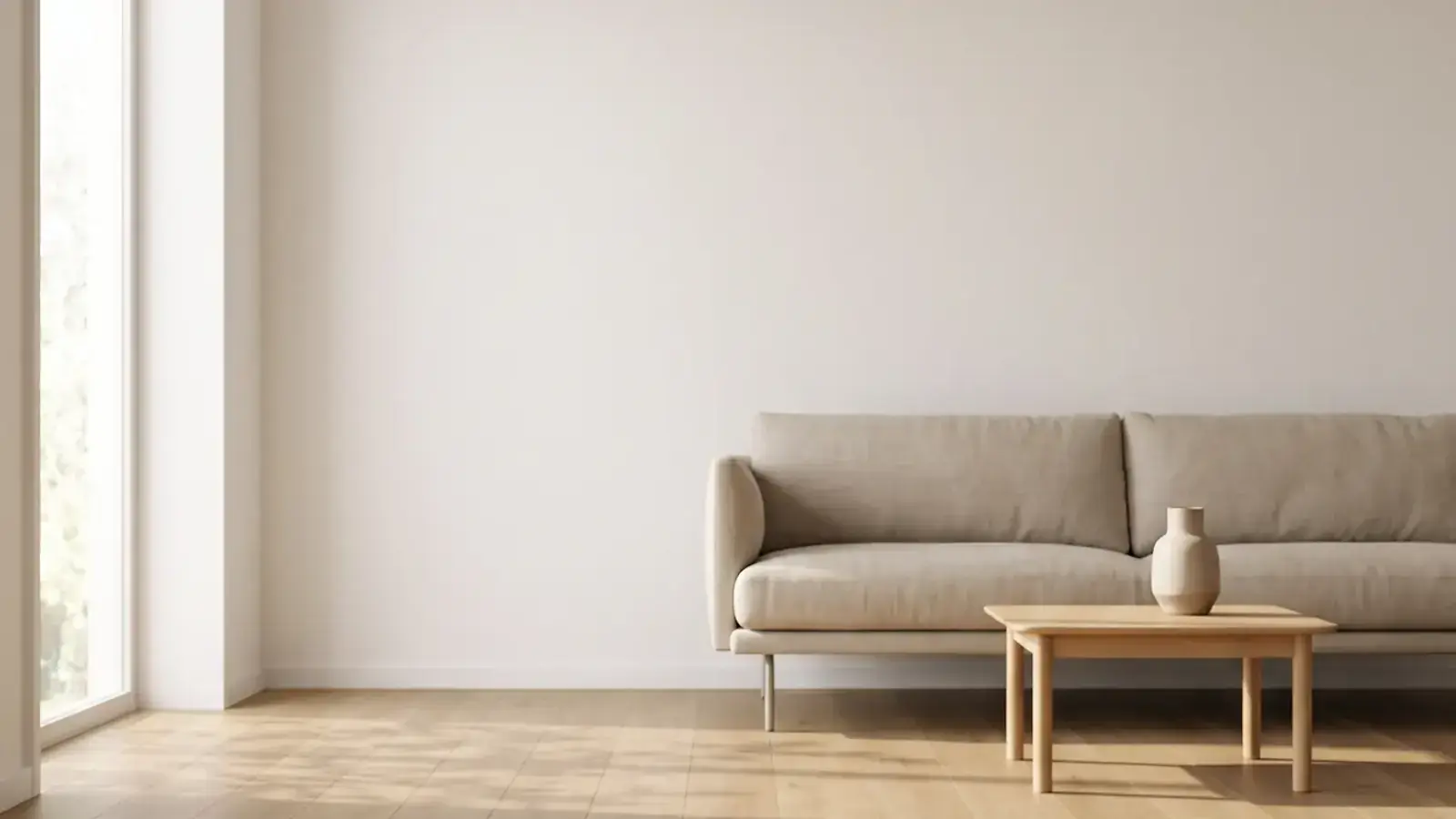 Light oak plank floor in a bright living room with a linen sofa, low wood table and a tall window