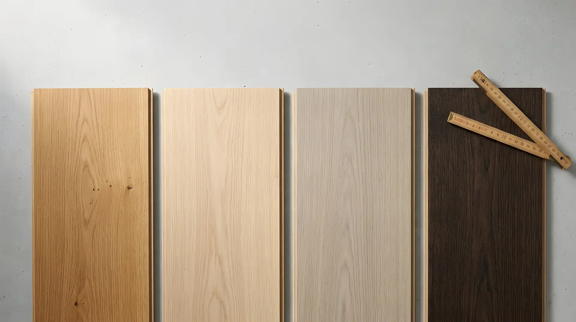 Four flooring planks laid side by side, from honey oak to dark walnut, with a folding ruler