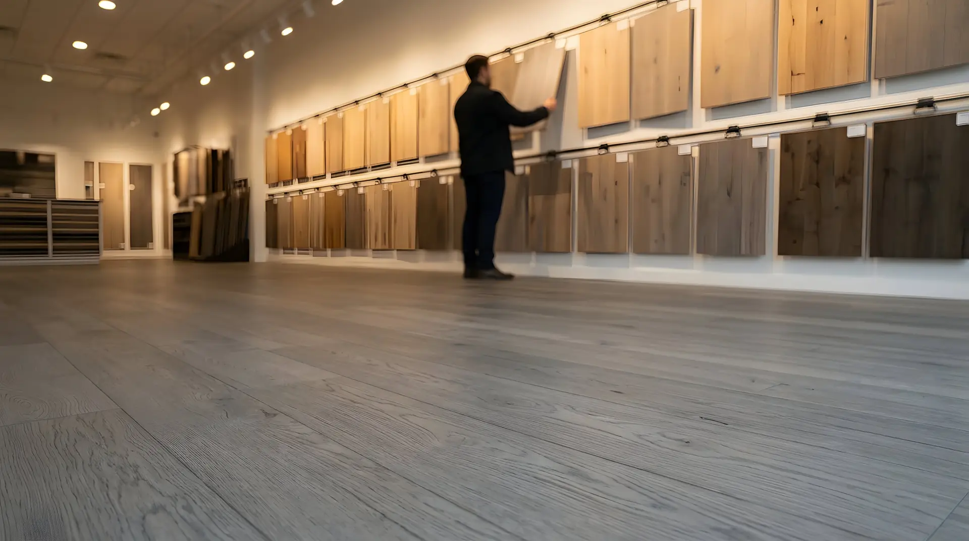 A customer browsing the plank sample wall in the Floorrable showroom
