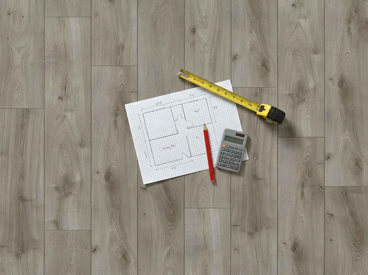 Floor-plan sketch, tape measure and calculator laid out on oak planks
