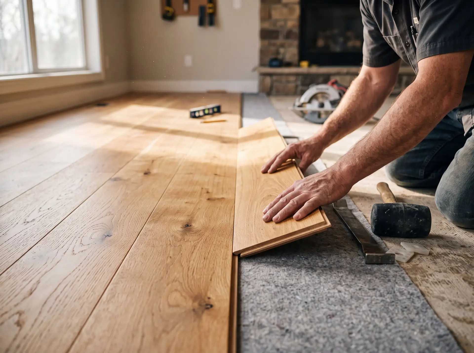 An installer fitting an engineered white oak plank into a half-finished floor