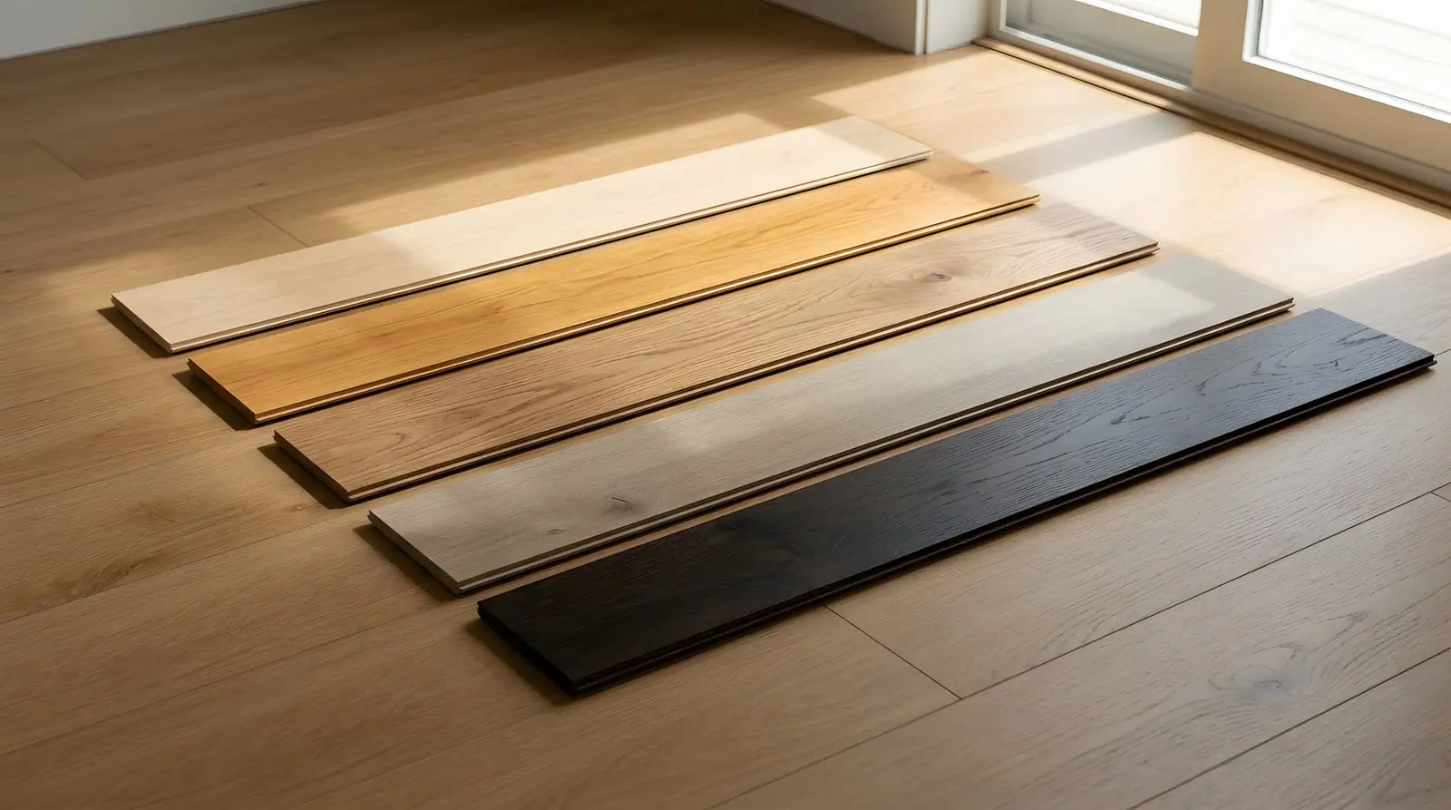 Five floor tones laid side by side on a sunlit floor
