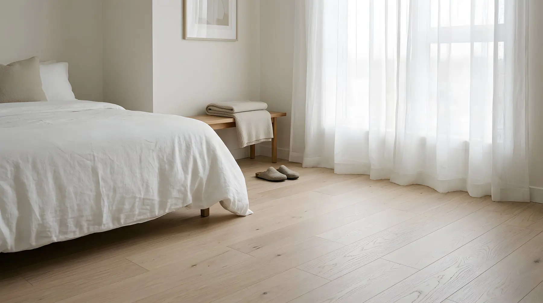 Calm condo bedroom with pale wide-plank flooring in soft morning light