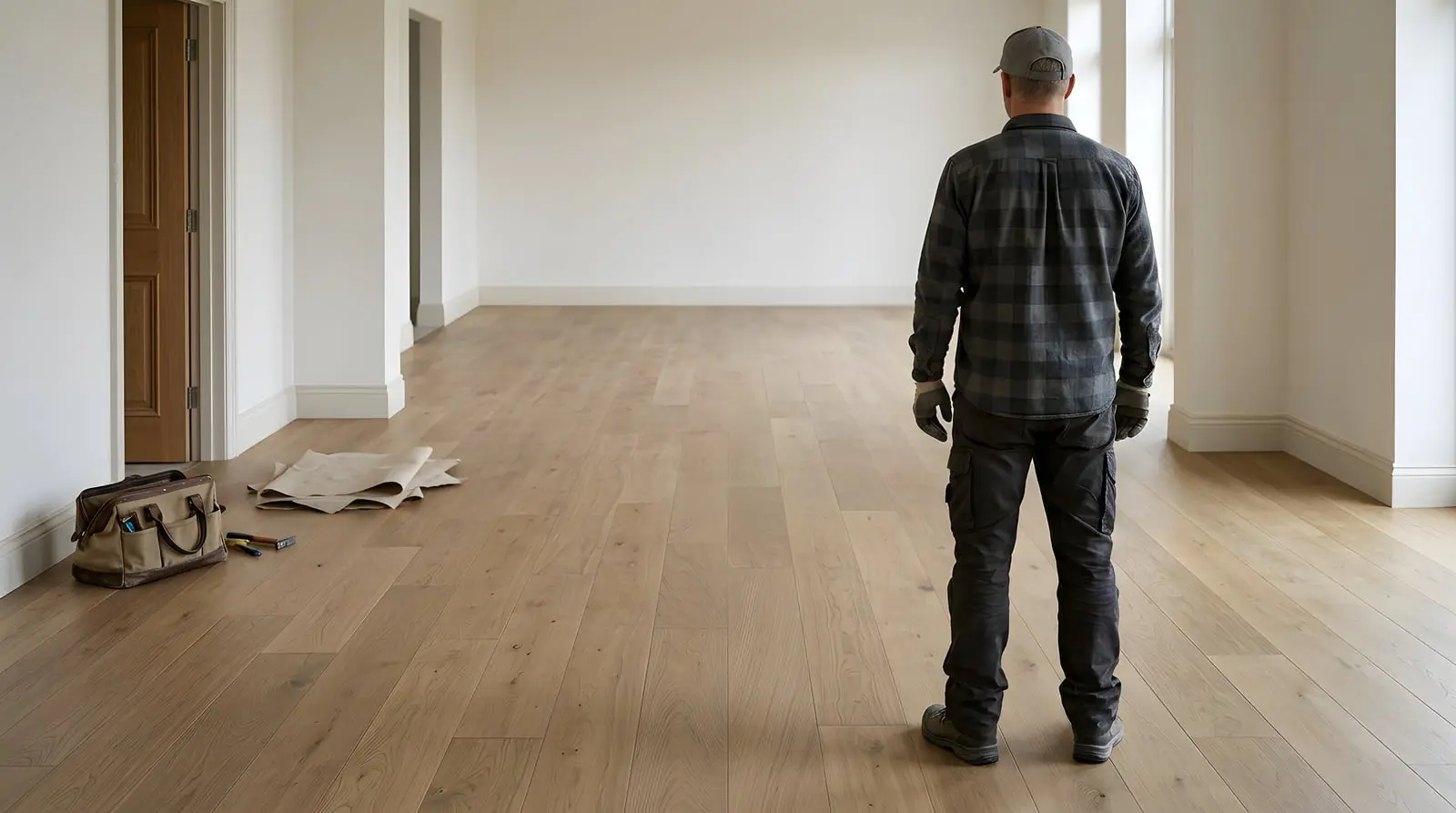 An installer checking a floor before starting work