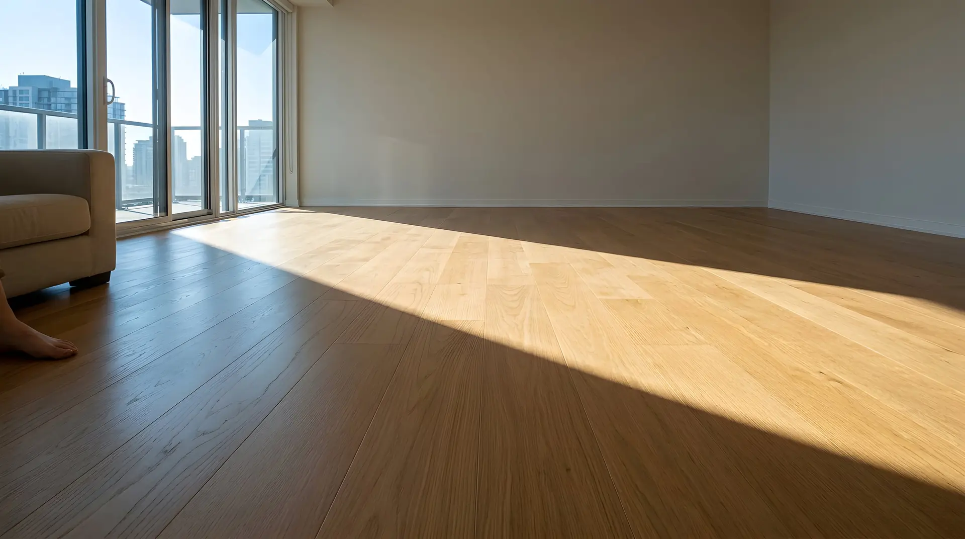 Sunlight falling across engineered hardwood in an empty condo living room with city views