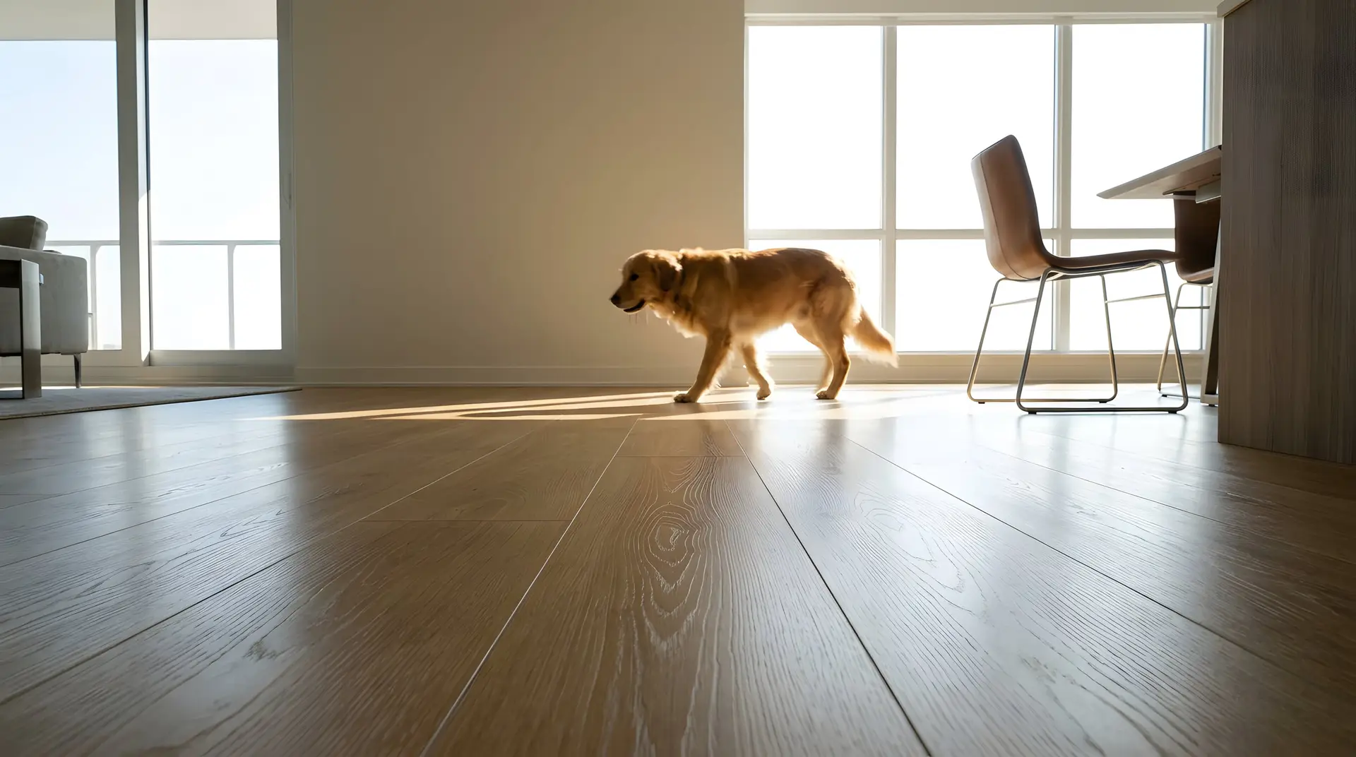 A golden retriever walking across sunlit hybrid engineered flooring in a condo dining area