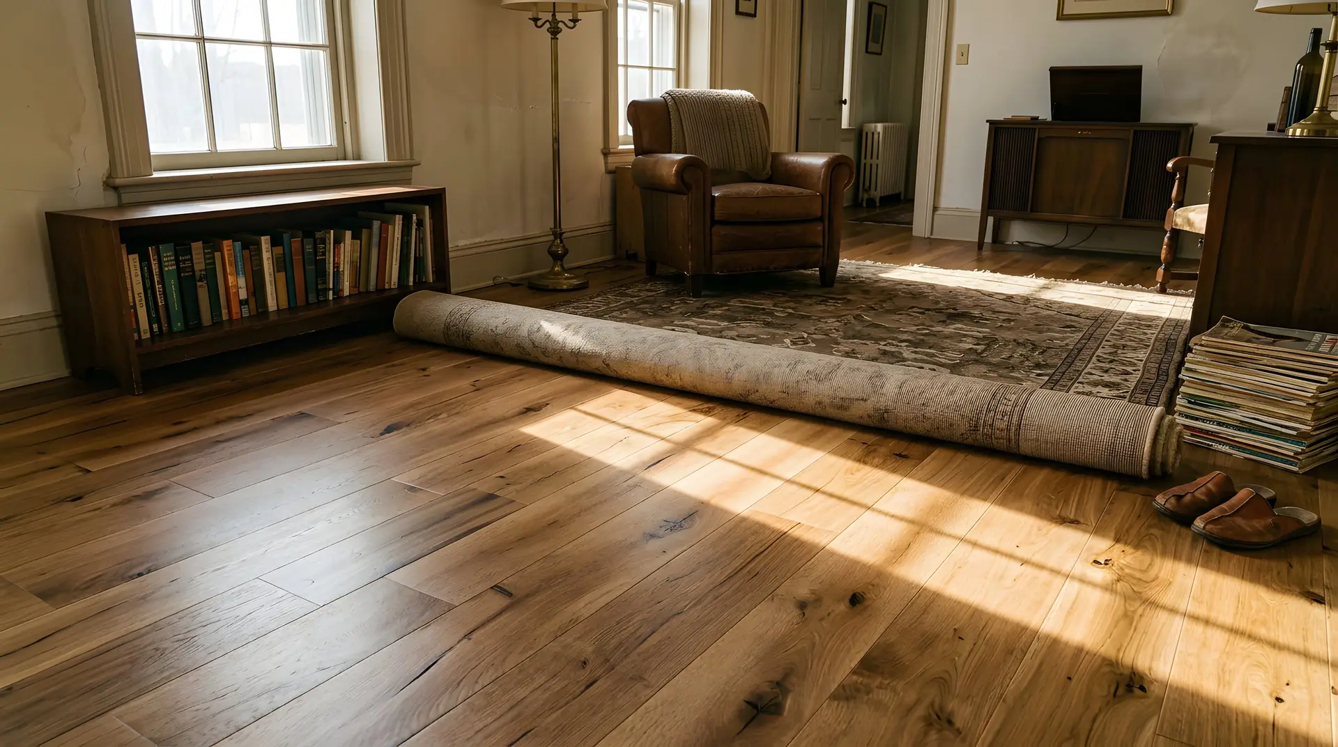 Character-grade solid hardwood in a traditional living room with a leather armchair and a rolled rug
