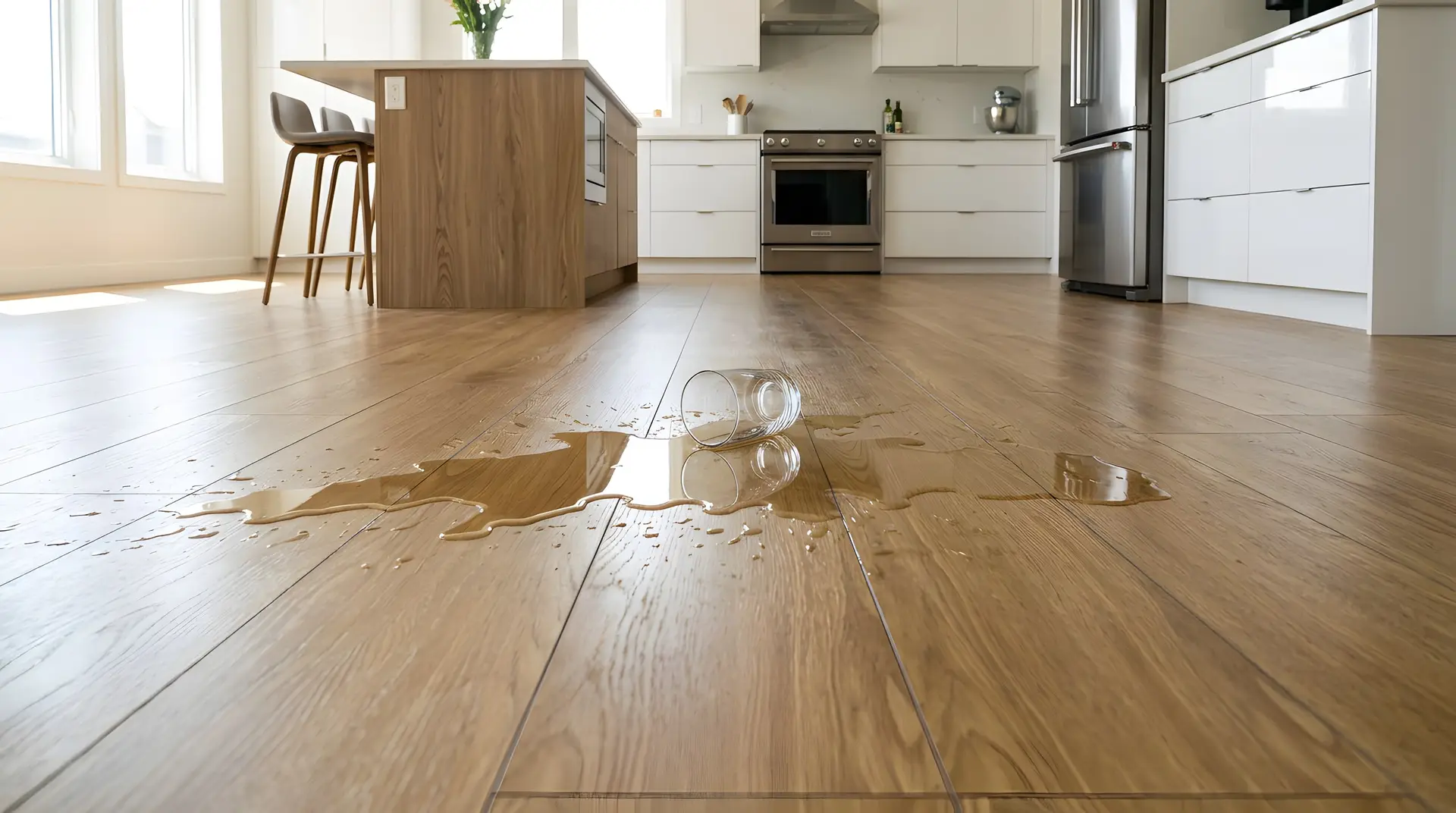 A tipped-over glass of water on vinyl plank flooring in a bright white kitchen
