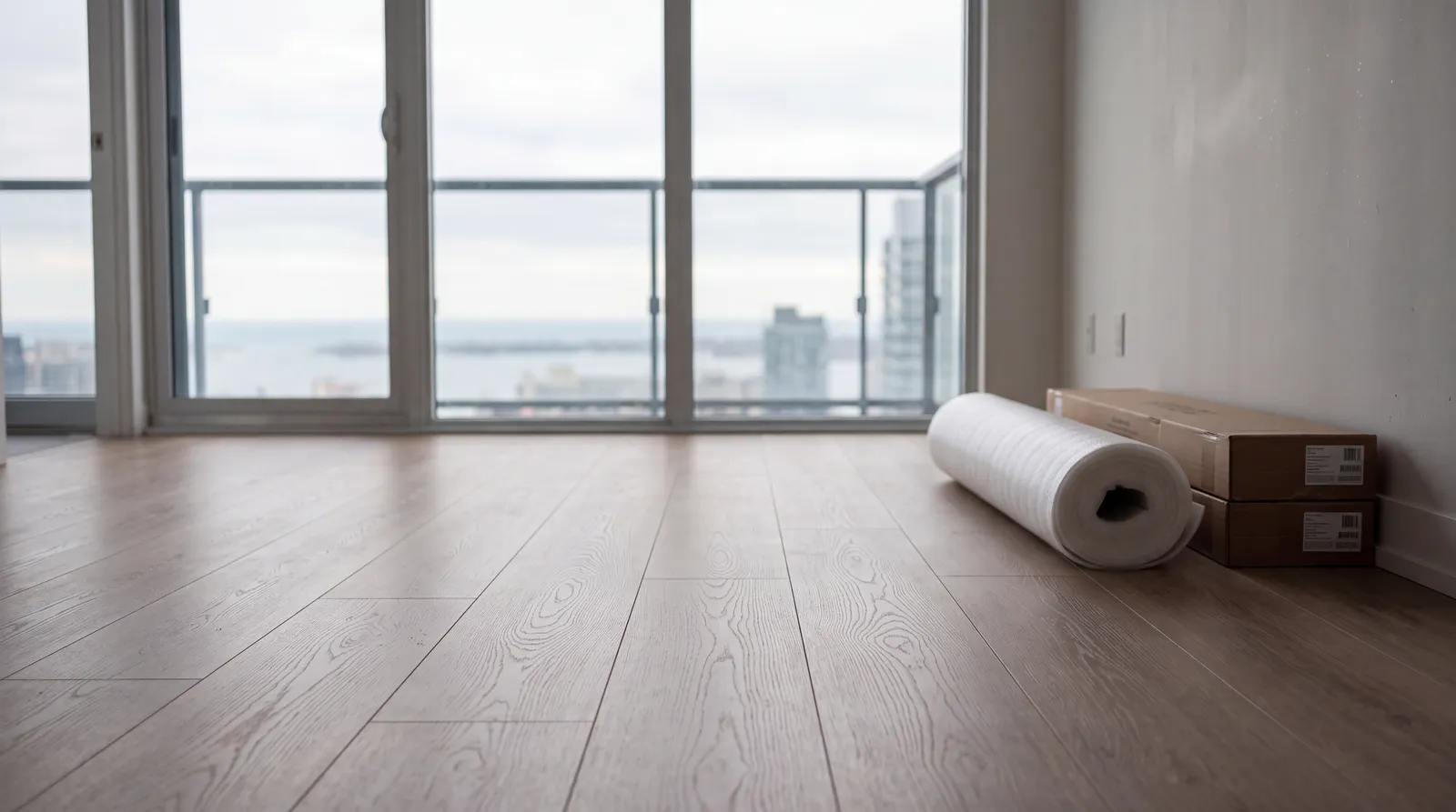 Toronto condo mid-renovation — acoustic underlayment roll and plank boxes waiting by the window