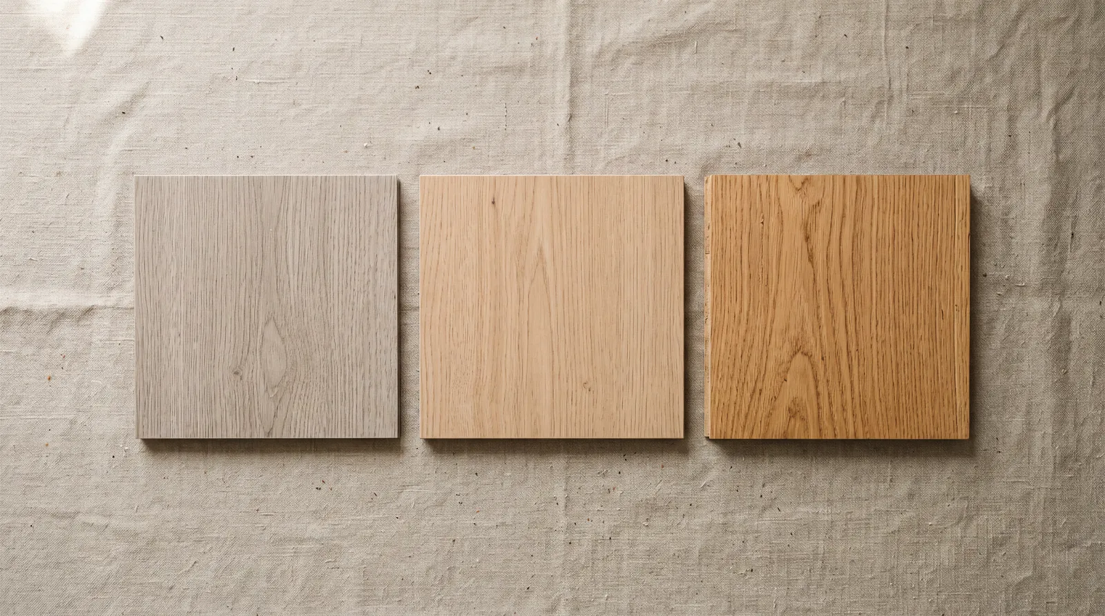 SPC vinyl, laminate and engineered hardwood plank samples side by side on linen