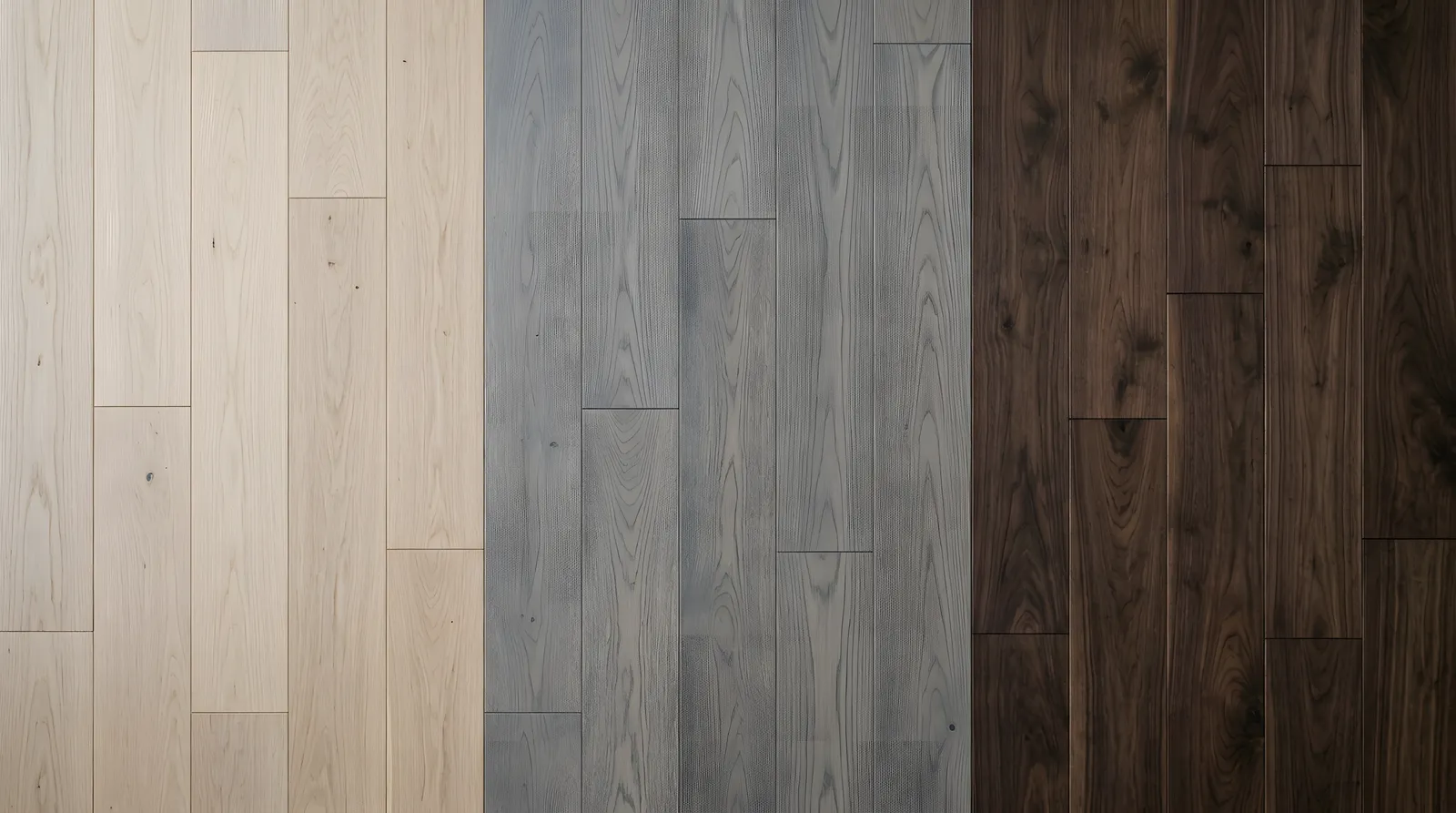 Light oak, grey oak and dark walnut flooring laid in three bands for comparison