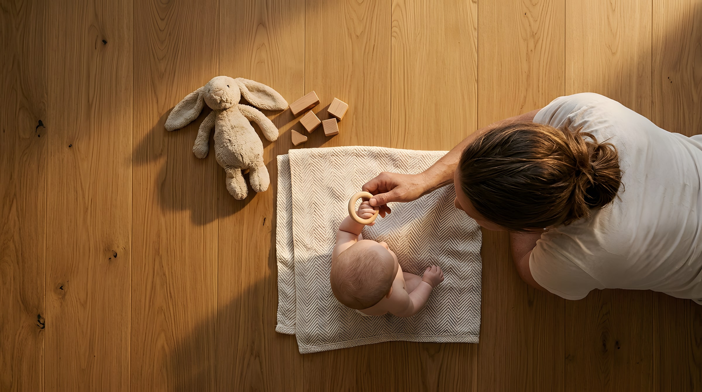 A parent and baby playing together on a golden wood floor in evening light