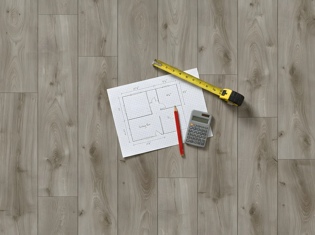 Floor-plan sketch, tape measure and calculator laid out on oak planks