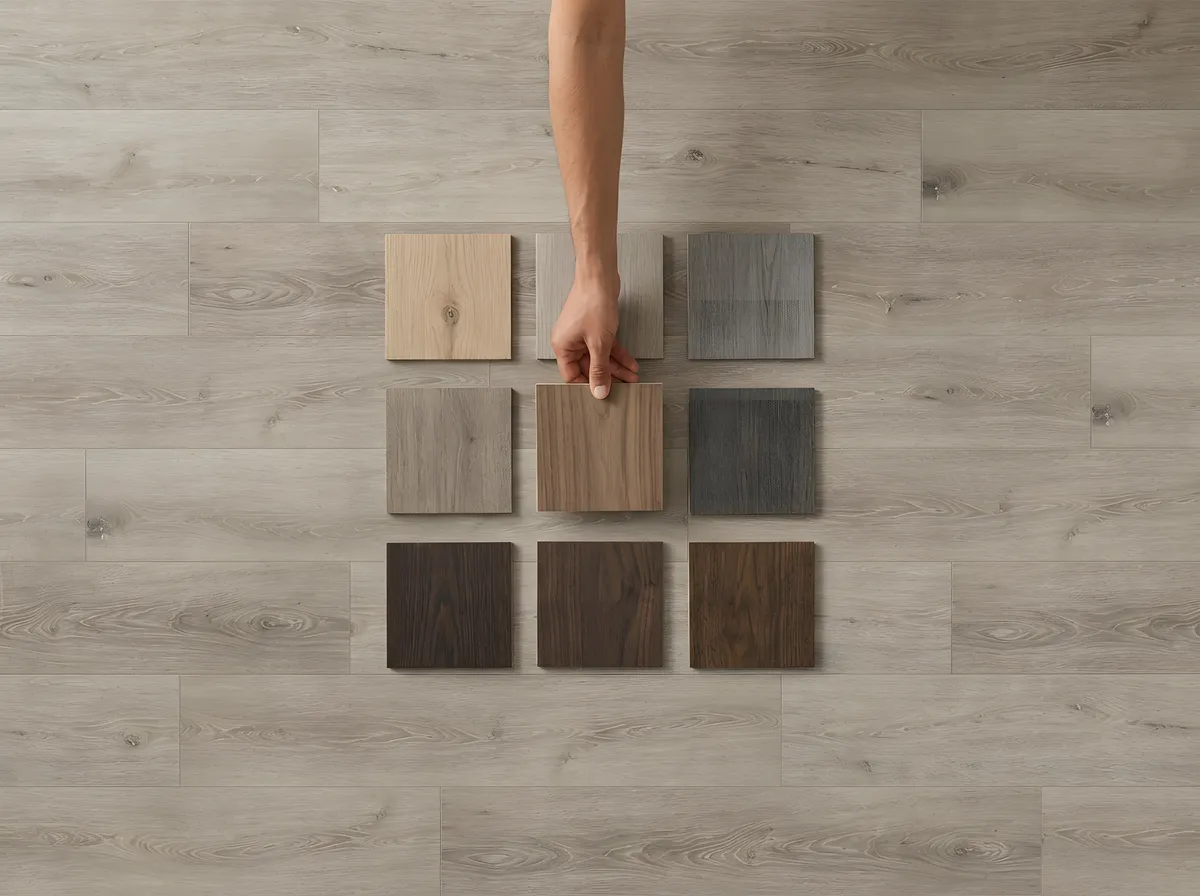 Grid of flooring samples on a pale floor with a hand reaching for one