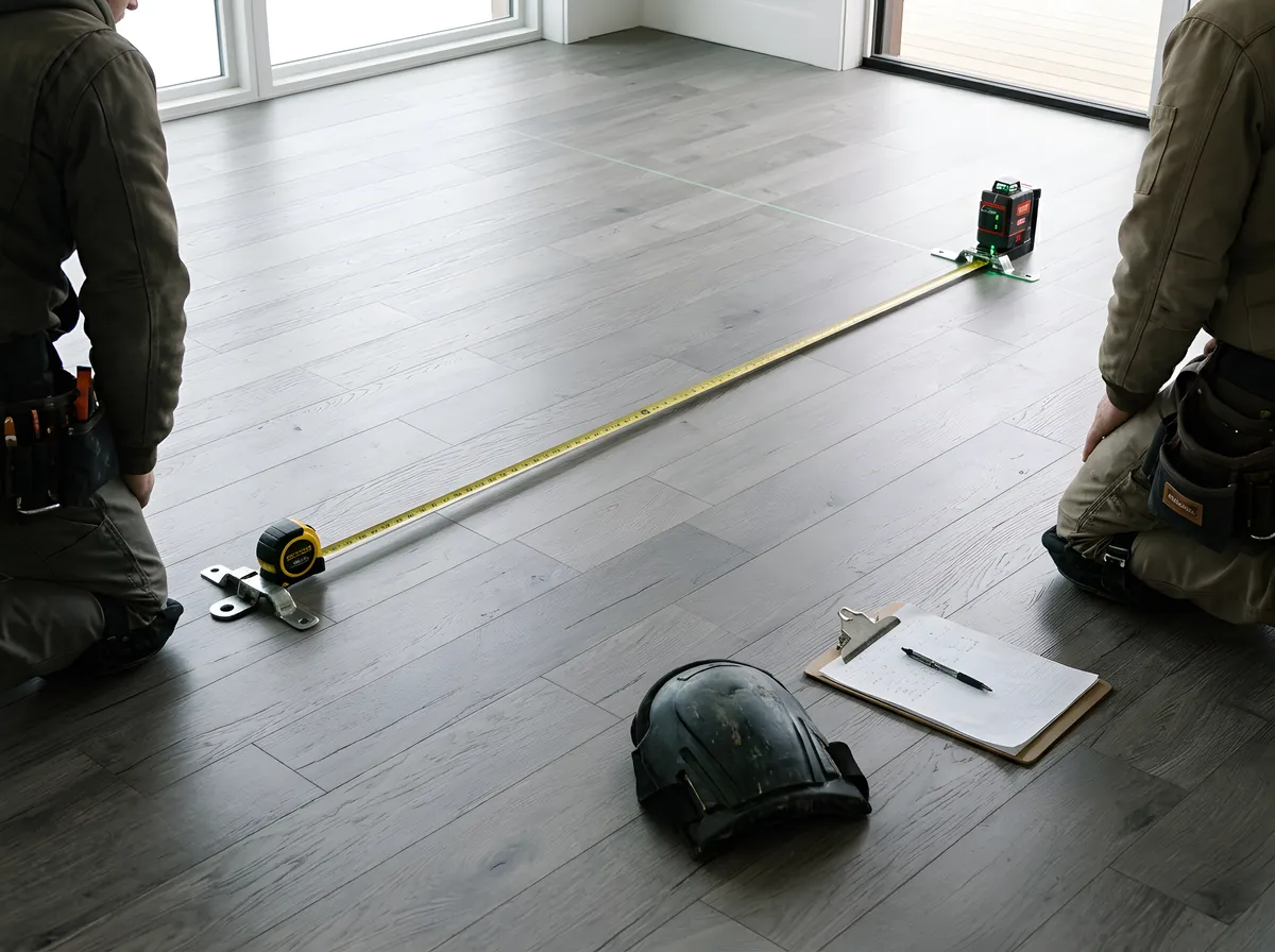 Installers measuring a room with a tape stretched across grey planks