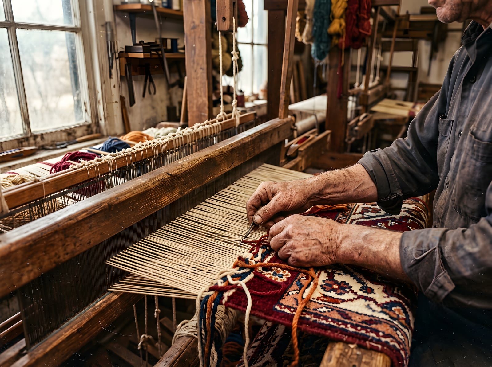 Then — weathered hands weaving a rug on a wooden loom in the family workshop