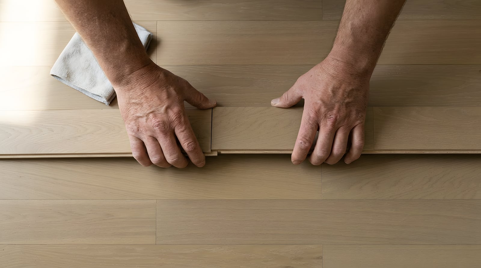 Now — the same craftsman's hands fitting an engineered oak plank into a floor