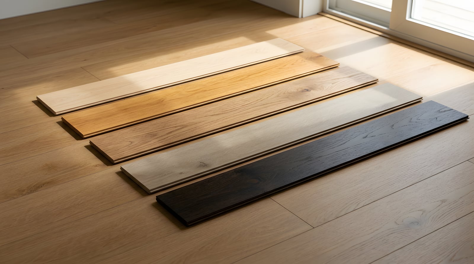 Five floor tones laid side by side on a sunlit floor — choosing a floor