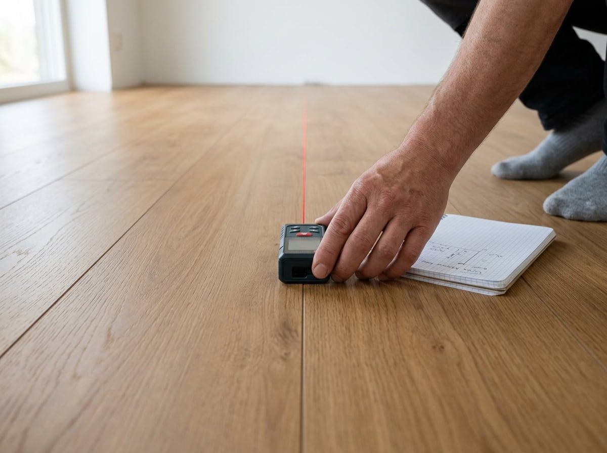 Professional measurement visit — laser measure and floor plan in hand