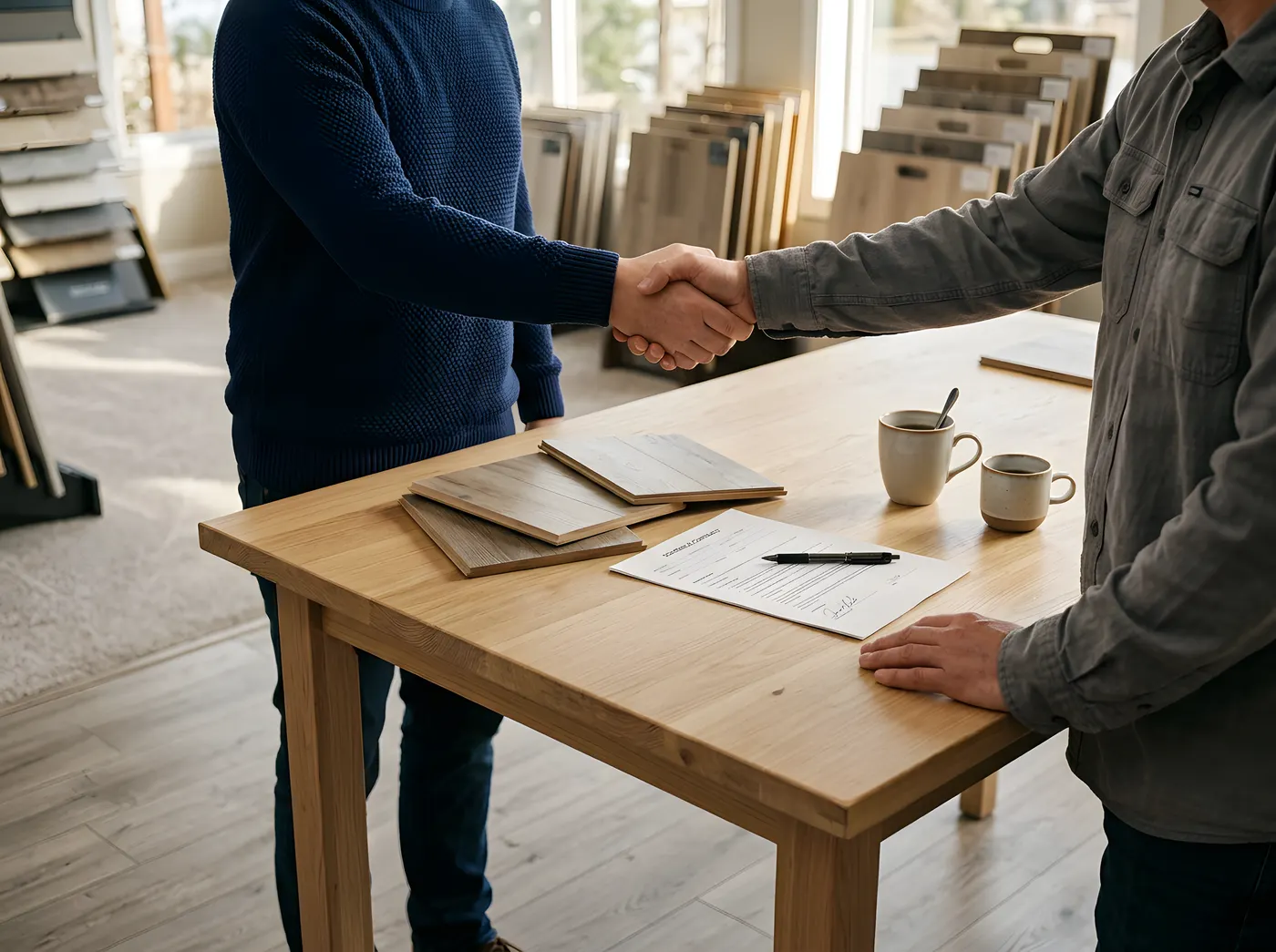 Handshake over flooring samples and a signed schedule — deposit placed, date locked
